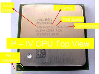 Clock
               L2 Cache
Speed

                  FSB Speed
                          Core Voltage




     P – IV CPU Top View
  Pin 1
Indication
 
