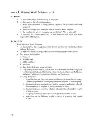 12
LESSON 2 Origin of World Religions, p. 14
A. KNOW
1. Let them do the Motivational Activity in the lesson.
2. Let them answer the following questions:
a. Was it difficult to think of things, persons, or places you associate with world
religions?
b. Where did you get your particular associations with world religions?
c. Did you find this activity enjoyable and worthwhile? Why or why not?
3. Let them read the Essential Questions. Let them formulate their initial idea about
Origin of World Religions.
B. DEVELOP
Topic: Origin of World Religions
 Let them analyze the concept map in the lesson. Let this serve as their guide in
studying the lesson.
 Let them read the lesson proper which discusses the origin of world religions.
 Take note of the following:
a. Study Aid
b. Word Factory
c. Additional Facts
d. Weblinks
 Let them do the following group activities:
a. Map-reading: Post a map of Asia in front and let students locate the origin of
world religions (Judaism, Christianity, Islam, Hinduism, Theravada Buddhism,
Mahayana Buddhism, Confucianism, Daoism, and Shintoism).
b. Group discussion.
i. Group the class into three, and assignAbrahamic religions to the first group;
Dharmic religions to the second group; and Daoic religions to the third group.
ii. Ask them to discuss among themselves how geography and culture affected
the development of religions in the area assigned to them.
iii. Ask them to discuss how those religions influenced the culture of the people
in those regions.
iv. The group will choose a leader who will report their output in class.
v. Make them use the following graphic organizer in reporting their output
in class.
 