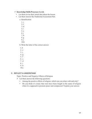 17
 Knowledge/Skills/Processes Levels
• Let them revise their initial idea about the lesson.
• Let them answer the Traditional Assessment Part.
a. Identification
1. c
2. f
3. d
4. i
5. a
6. j
7. h
8. g
9. e
10.b
b. Write the letter of the correct answer.
1. b
2. e
3. j
4. g
5. f
6. a
7. d
8. i
9. h
10.a
C. REFLECT & UNDERSTAND
Topic: Positive and Negative Effects of Religion
 Let them answer the following questions:
• Among the positive effects of religion, which can you relate with and why?
• Do you think it’s ironic that wars have been fought in the name of religion
when it is supposed to promote peace and compassion? Explain your answer.
 