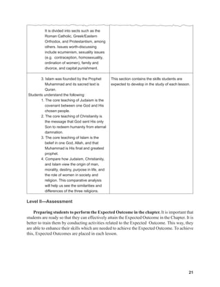 21
21
It is divided into sects such as the
Roman Catholic, Greek/Eastern
Orthodox, and Protestantism, among
others. Issues worth-discussing
include ecumenism, sexuality issues
(e.g. contraception, homosexuality,
ordination of women), family and
divorce, and capital punishment.
3. Islam was founded by the Prophet
Muhammad and its sacred text is
Quran.
Students understand the following:
1. The core teaching of Judaism is the
covenant between one God and His
chosen people.
2. The core teaching of Christianity is
the message that God sent His only
Son to redeem humanity from eternal
damnation.
3. The core teaching of Islam is the
belief in one God, Allah, and that
Muhammad is His final and greatest
prophet.
4. Compare how Judaism, Christianity,
and Islam view the origin of man,
morality, destiny, purpose in life, and
the role of women in society and
religion. This comparative analysis
will help us see the similarities and
differences of the three religions.
This section contains the skills students are
expected to develop in the study of each lesson.
Level II---Assessment
Preparing students to perform the Expected Outcome in the chapter. It is important that
students are ready so that they can effectively attain the Expected Outcome in the Chapter. It is
better to train them by conducting activities related to the Expected Outcome. This way, they
are able to enhance their skills which are needed to achieve the Expected Outcome. To achieve
this, Expected Outcomes are placed in each lesson.
 