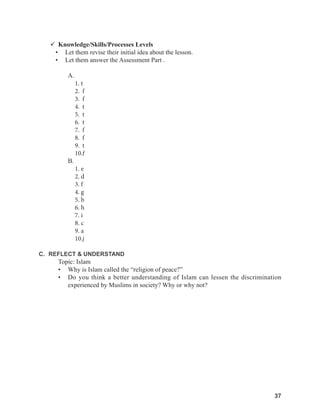 37
37
 Knowledge/Skills/Processes Levels
• Let them revise their initial idea about the lesson.
• Let them answer the Assessment Part .
A.
1. t
2. f
3. f
4. t
5. t
6. t
7. f
8. f
9. t
10.f
B.
1. e
2. d
3. f
4. g
5. b
6. h
7. i
8. c
9. a
10.j
C. REFLECT & UNDERSTAND
Topic: Islam
• Why is Islam called the “religion of peace?”
• Do you think a better understanding of Islam can lessen the discrimination
experienced by Muslims in society? Why or why not?
 