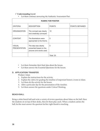 38
38
 Understanding Level
• Let them continue answering the Authentic Assessment Part.
RUBRIC FOR POSTER
CRITERIA DESCRIPTION POINTS POINTS OBTAINED
ORGANIZATION The concept was clearly
and creatively conveyed.
10
CONTENT The illustrations were
appropriate to the theme.
5
VISUAL
PRESENTATION
The idea was clearly
presented based on the
pictures and words used.
5
Total: 20
• Let them formulate their final idea about the lesson.
• Let them answer the Essential Questions for the lesson.
D. APPLICATION/ TRANSFER
Product: Islam
1. Explain the instructions for the activity.
2. Explain the rubric for grading the timeline of important historic events in Islam.
3. Let them do the activity for the lesson.
4. Allot a particular day for the presentation of the timeline.
5. Let them answer the questions under Critical Thinking.
BEACH BALL
Bring a white beach ball and write a variety of review questions about Islam on the ball. Have
the students sit on top of their desks, then let them play catch. When a student catches the
ball, he/she must answer the question his/her right thumb is touching.
 