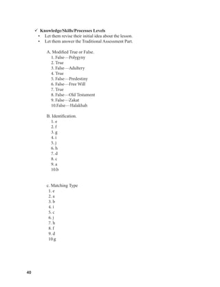 40
40
 Knowledge/Skills/Processes Levels
• Let them revise their initial idea about the lesson.
• Let them answer the Traditional Assessment Part.
A. Modified True or False.
1. False---Polygyny
2. True
3. False---Adultery
4. True
5. False---Predestiny
6. False---Free Will
7. True
8. False---Old Testament
9. False---Zakat
10.False---Halakhah
B. Identification.
1. e
2. f
3. g
4. i
5. j
6. h
7. d
8. c
9. a
10.b
c. Matching Type
1. e
2. a
3. b
4. i
5. c
6. j
7. h
8. f
9. d
10.g
 
