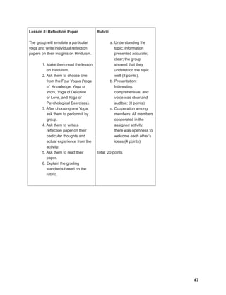 47
47
47
Lesson 8: Reflection Paper
The group will simulate a particular
yoga and write individual reflection
papers on their insights on Hinduism.
1. Make them read the lesson
on Hinduism.
2. Ask them to choose one
from the Four Yogas (Yoga
of Knowledge, Yoga of
Work, Yoga of Devotion
or Love, and Yoga of
Psychological Exercises).
3. After choosing one Yoga,
ask them to perform it by
group.
4. Ask them to write a
reflection paper on their
particular thoughts and
actual experience from the
activity.
5. Ask them to read their
paper.
6. Explain the grading
standards based on the
rubric.
Rubric
a. Understanding the
topic: Information
presented accurate;
clear; the group
showed that they
understood the topic
well (8 points).
b. Presentation:
Interesting,
comprehensive, and
voice was clear and
audible; (8 points)
c. Cooperation among
members: All members
cooperated in the
assigned activity;
there was openness to
welcome each other’s
ideas (4 points)
Total: 20 points
 