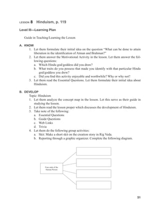 51
51
51
LESSON 8 Hinduism, p. 119
Level III---Learning Plan
Guide in Teaching/Learning the Lesson
A. KNOW
1. Let them formulate their initial idea on the question “What can be done to attain
liberation in the identification of Atman and Brahman?”
2. Let them answer the Motivational Activity in the lesson. Let them answer the fol-
lowing questions:
a. Which Hindu god/goddess did you draw?
b. What traits do you possess that made you identify with that particular Hindu
god/goddess you drew?
c. Did you find this activity enjoyable and worthwhile? Why or why not?
3. Let them read the Essential Questions. Let them formulate their initial idea about
Hinduism.
B. DEVELOP
Topic: Hinduism
1. Let them analyze the concept map in the lesson. Let this serve as their guide in
studying the lesson.
2. Let them read the lesson proper which discusses the development of Hinduism.
3. Take note of the following:
a. Essential Questions
b. Guide Questions
c. Web Links
d. Trivia
4. Let them do the following group activities:
a. Skit: Make a short skit on the creation story in Rig Veda.
b. Reporting through a graphic organizer. Complete the following diagram.
Four ends of the
Human Person
 