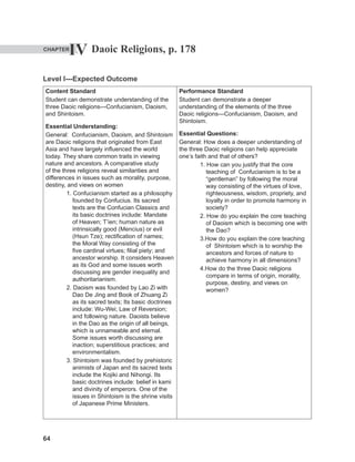 64
64
Daoic Religions, p. 178
Level I---Expected Outcome
Content Standard
Student can demonstrate understanding of the
three Daoic religions---Confucianism, Daoism,
and Shintoism.
Essential Understanding:
General: Confucianism, Daoism, and Shintoism
are Daoic religions that originated from East
Asia and have largely influenced the world
today. They share common traits in viewing
nature and ancestors. A comparative study
of the three religions reveal similarities and
differences in issues such as morality, purpose,
destiny, and views on women
1. Confucianism started as a philosophy
founded by Confucius. Its sacred
texts are the Confucian Classics and
its basic doctrines include: Mandate
of Heaven; T’ien; human nature as
intrinsically good (Mencius) or evil
(Hsun Tze); rectification of names;
the Moral Way consisting of the
five cardinal virtues; filial piety; and
ancestor worship. It considers Heaven
as its God and some issues worth
discussing are gender inequality and
authoritarianism.
2. Daoism was founded by Lao Zi with
Dao De Jing and Book of Zhuang Zi
as its sacred texts; Its basic doctrines
include: Wu-Wei; Law of Reversion;
and following nature. Daoists believe
in the Dao as the origin of all beings,
which is unnameable and eternal.
Some issues worth discussing are
inaction; superstitious practices; and
environmentalism.
3. Shintoism was founded by prehistoric
animists of Japan and its sacred texts
include the Kojiki and Nihongi. Its
basic doctrines include: belief in kami
and divinity of emperors. One of the
issues in Shintoism is the shrine visits
of Japanese Prime Ministers.
Performance Standard
Student can demonstrate a deeper
understanding of the elements of the three
Daoic religions---Confucianism, Daoism, and
Shintoism.
Essential Questions:
General: How does a deeper understanding of
the three Daoic religions can help appreciate
one’s faith and that of others?
1. How can you justify that the core
teaching of Confucianism is to be a
“gentleman” by following the moral
way consisting of the virtues of love,
righteousness, wisdom, propriety, and
loyalty in order to promote harmony in
society?
2. How do you explain the core teaching
of Daoism which is becoming one with
the Dao?
3.How do you explain the core teaching
of Shintoism which is to worship the
ancestors and forces of nature to
achieve harmony in all dimensions?
4.How do the three Daoic religions
compare in terms of origin, morality,
purpose, destiny, and views on
women?
IV
CHAPTER
 
