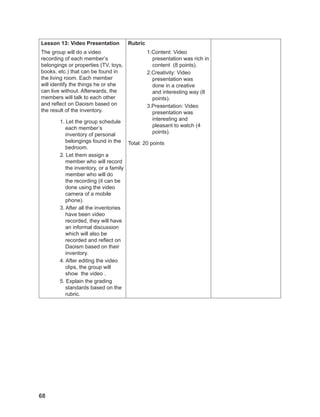 68
68
Lesson 13: Video Presentation
The group will do a video
recording of each member’s
belongings or properties (TV, toys,
books, etc.) that can be found in
the living room. Each member
will identify the things he or she
can live without. Afterwards, the
members will talk to each other
and reflect on Daoism based on
the result of the inventory.
1. Let the group schedule
each member’s
inventory of personal
belongings found in the
bedroom.
2. Let them assign a
member who will record
the inventory, or a family
member who will do
the recording (it can be
done using the video
camera of a mobile
phone).
3. After all the inventories
have been video
recorded, they will have
an informal discussion
which will also be
recorded and reflect on
Daoism based on their
inventory.
4. After editing the video
clips, the group will
show the video .
5. Explain the grading
standards based on the
rubric.
Rubric
1.Content: Video
presentation was rich in
content (8 points).
2.Creativity: Video
presentation was
done in a creative
and interesting way (8
points).
3.Presentation: Video
presentation was
interesting and
pleasant to watch (4
points).
Total: 20 points
 