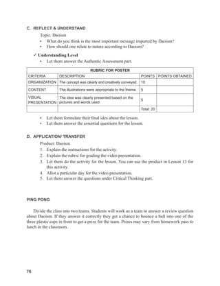 76
76
C. REFLECT & UNDERSTAND
Topic: Daoism
• What do you think is the most important message imparted by Daoism?
• How should one relate to nature according to Daoism?
 Understanding Level
• Let them answer the Authentic Assessment part.
RUBRIC FOR POSTER
CRITERIA DESCRIPTION POINTS POINTS OBTAINED
ORGANIZATION The concept was clearly and creatively conveyed. 10
CONTENT The illustrations were appropriate to the theme. 5
VISUAL
PRESENTATION
The idea was clearly presented based on the
pictures and words used.
5
Total: 20
• Let them formulate their final idea about the lesson.
• Let them answer the essential questions for the lesson.
D. APPLICATION/ TRANSFER
Product: Daoism
1. Explain the instructions for the activity.
2. Explain the rubric for grading the video presentation.
3. Let them do the activity for the lesson. You can use the product in Lesson 13 for
this activity.
4. Allot a particular day for the video presentation.
5. Let them answer the questions under Critical Thinking part.
PING PONG
Divide the class into two teams. Students will work as a team to answer a review question
about Daoism. If they answer it correctly they get a chance to bounce a ball into one of the
three plastic cups in front to get a prize for the team. Prizes may vary from homework pass to
lunch in the classroom.
 