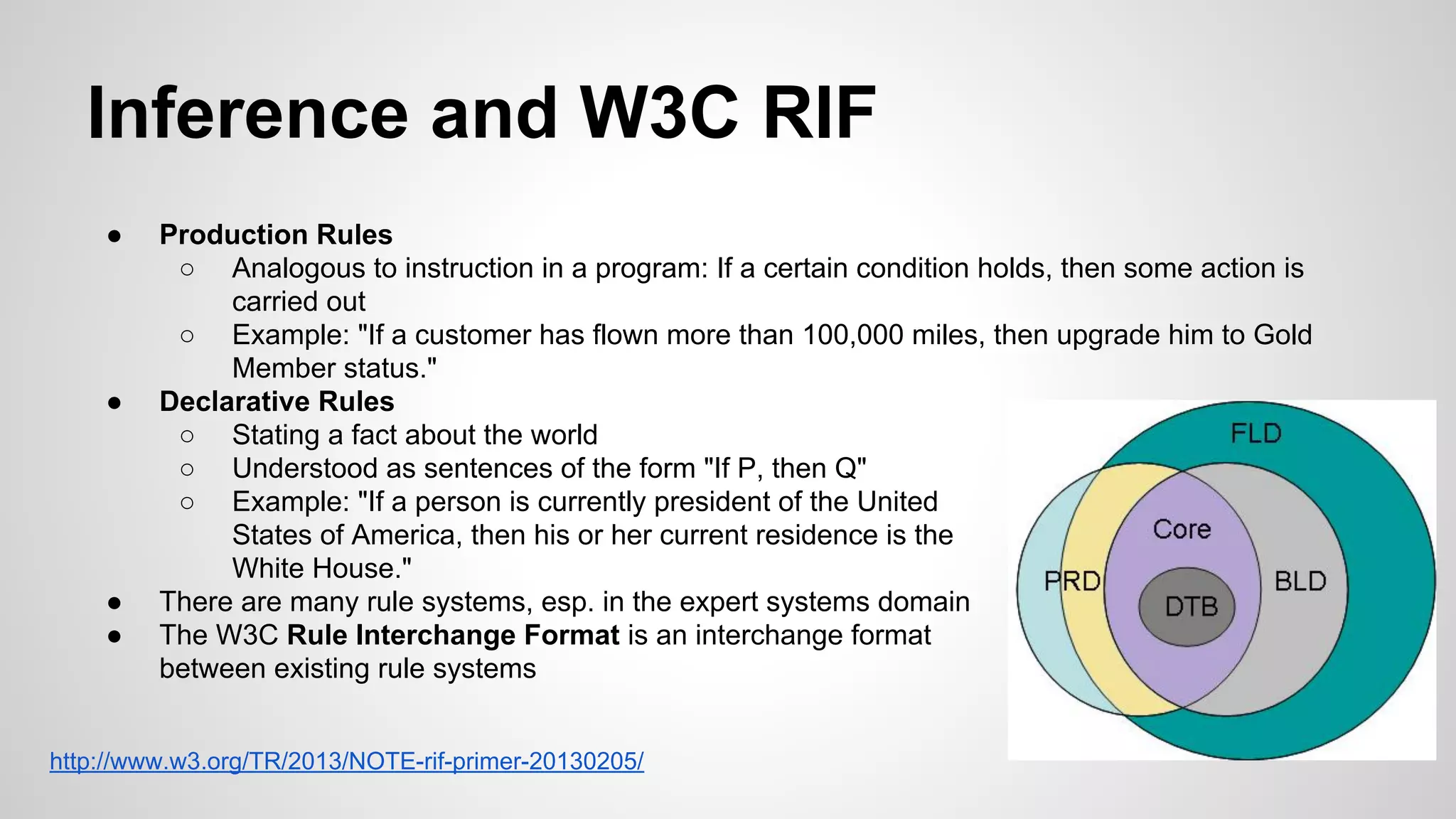 Inference and W3C RIF
●

●

●
●

Production Rules
○ Analogous to instruction in a program: If a certain condition holds, then some action is
carried out
○ Example: "If a customer has flown more than 100,000 miles, then upgrade him to Gold
Member status."
Declarative Rules
○ Stating a fact about the world
○ Understood as sentences of the form "If P, then Q"
○ Example: "If a person is currently president of the United
States of America, then his or her current residence is the
White House."
There are many rule systems, esp. in the expert systems domain
The W3C Rule Interchange Format is an interchange format
between existing rule systems

http://www.w3.org/TR/2013/NOTE-rif-primer-20130205/

 