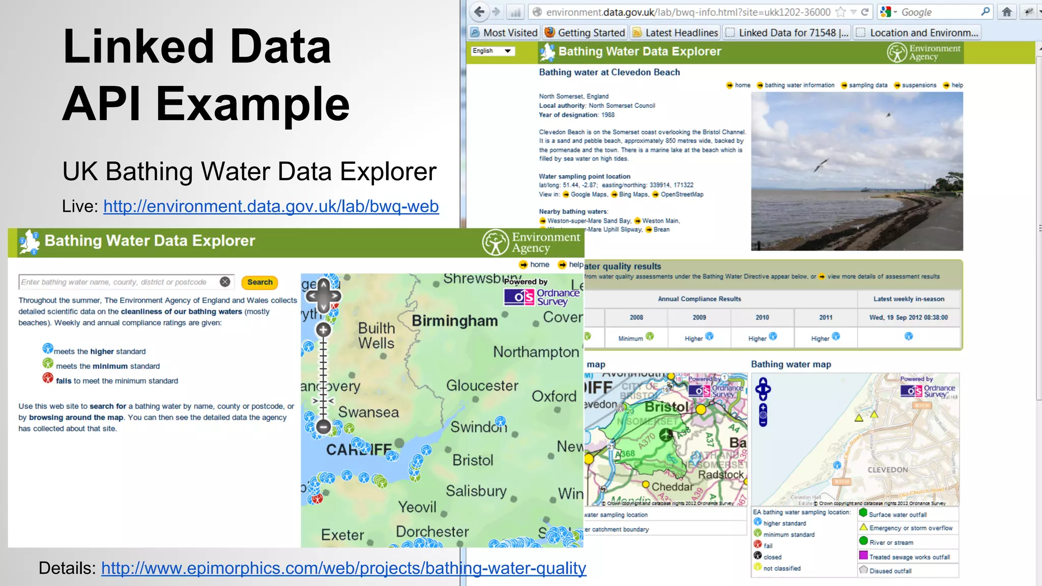 Linked Data
API Example
UK Bathing Water Data Explorer
Live: http://environment.data.gov.uk/lab/bwq-web

Details: http://www.epimorphics.com/web/projects/bathing-water-quality

 