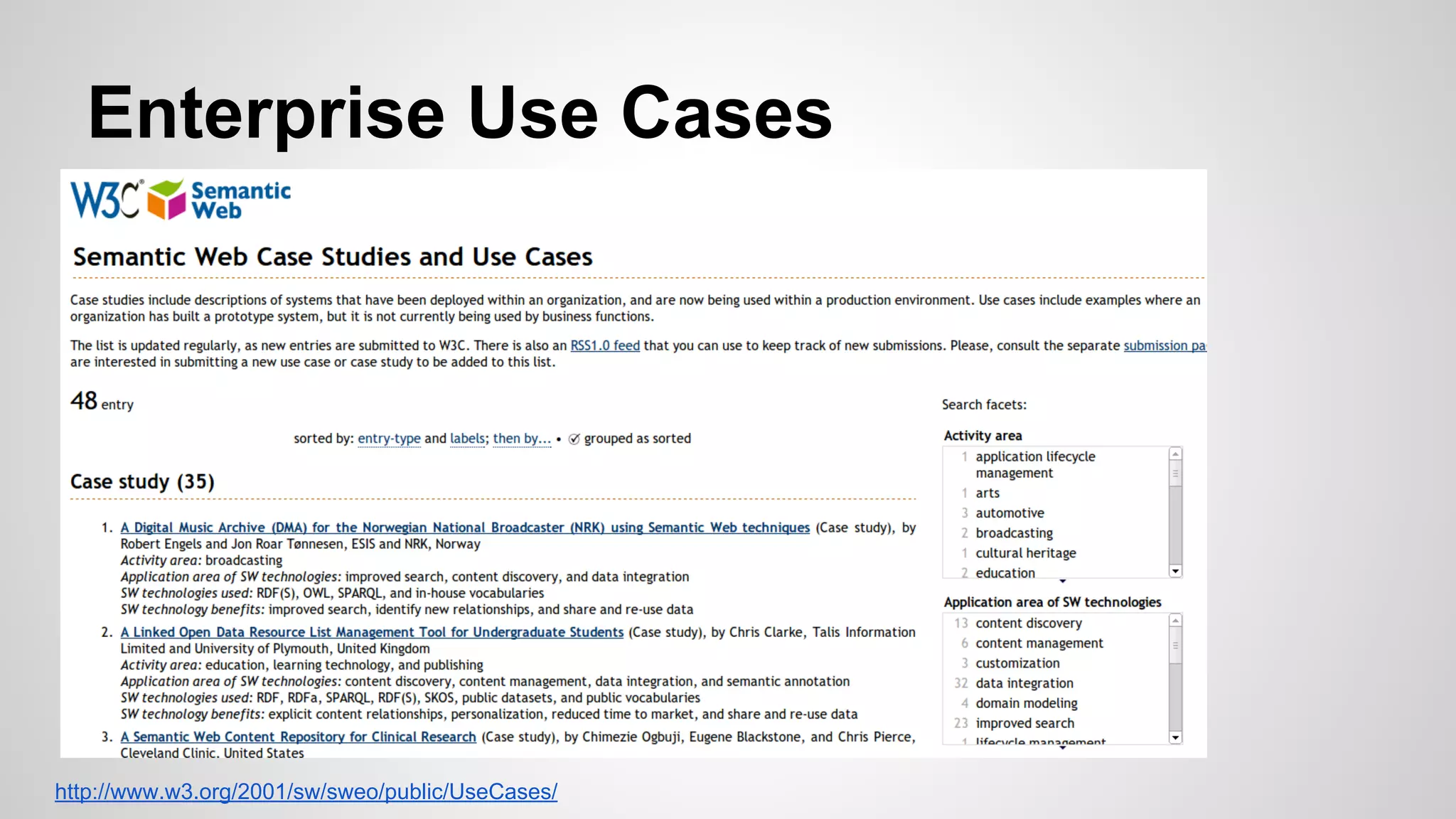Enterprise Use Cases

http://www.w3.org/2001/sw/sweo/public/UseCases/

 