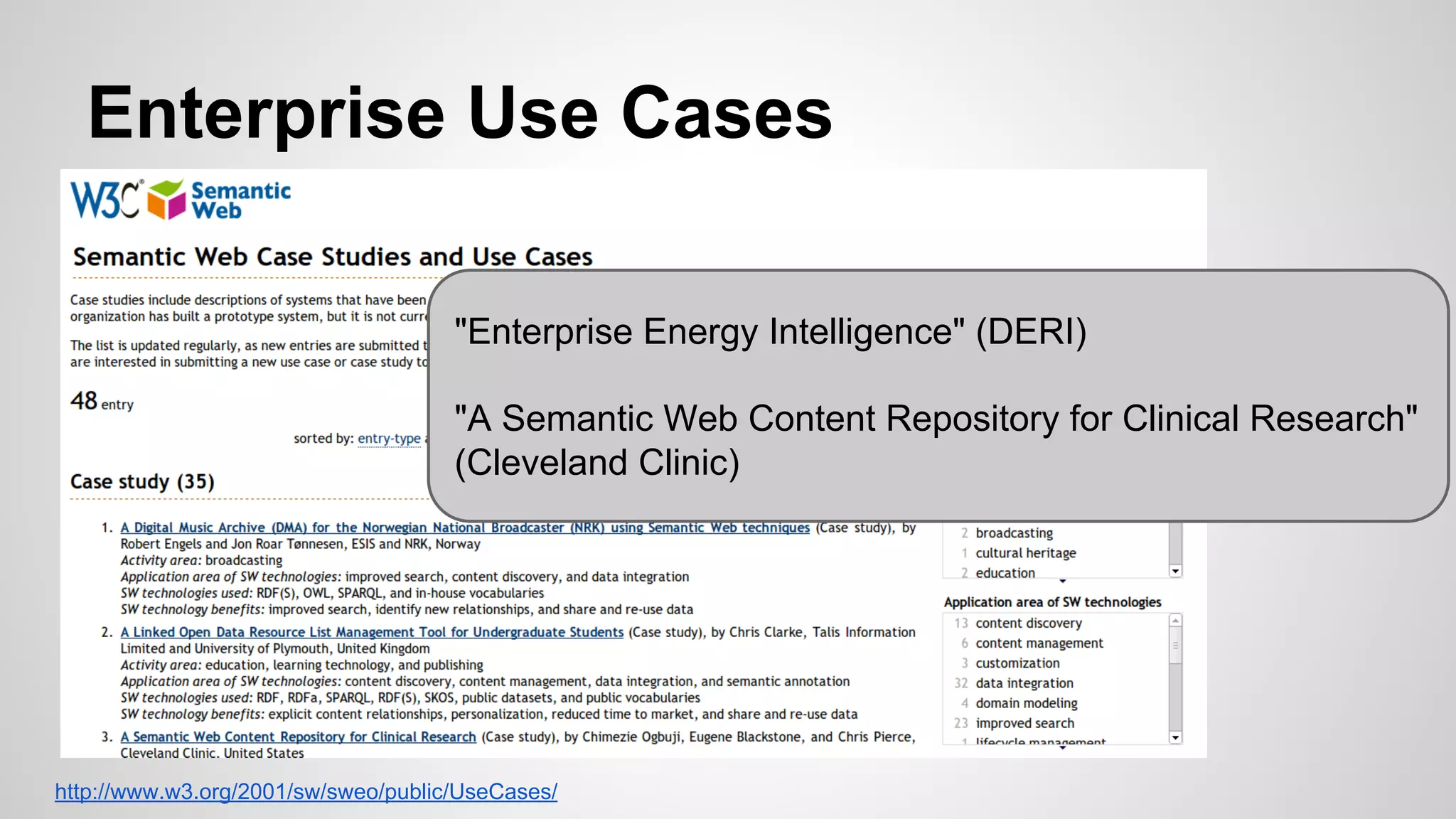 Enterprise Use Cases
"Enterprise Energy Intelligence" (DERI)
"A Semantic Web Content Repository for Clinical Research"
(Cleveland Clinic)

http://www.w3.org/2001/sw/sweo/public/UseCases/

 
