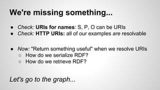 We're missing something...
● Check: URIs for names: S, P, O can be URIs
● Check: HTTP URIs: all of our examples are resolvable
● Now: "Return something useful" when we resolve URIs
○ How do we serialize RDF?
○ How do we retrieve RDF?

Let's go to the graph...

 