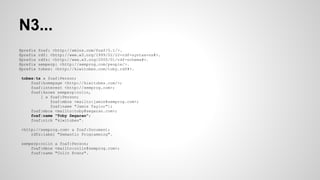N3...
@prefix
@prefix
@prefix
@prefix
@prefix

foaf: <http://xmlns.com/foaf/0.1/>.
rdf: <http://www.w3.org/1999/02/22-rdf-syntax-ns#>.
rdfs: <http://www.w3.org/2000/01/rdf-schema#>.
semperp: <http://semprog.com/people/>.
tobes: <http://kiwitobes.com/toby.rdf#>.

tobes:ts a foaf:Person;
foaf:homepage <http://kiwitobes.com/>;
foaf:interest <http://semprog.com>;
foaf:knows semperp:colin,
[ a foaf:Person;
foaf:mbox <mailto:jamie@semprog.com>;
foaf:name "Jamie Taylor"];
foaf:mbox <mailto:toby@segaran.com>;
foaf:name "Toby Segaran";
foaf:nick "kiwitobes".
<http://semprog.com> a foaf:Document;
rdfs:label "Semantic Programming".
semperp:colin a foaf:Person;
foaf:mbox <mailto:colin@semprog.com>;
foaf:name "Colin Evans".

 