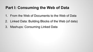 Part I: Consuming the Web of Data
1. From the Web of Documents to the Web of Data
2. Linked Data: Building Blocks of the Web (of data)
3. Mashups: Consuming Linked Data

 