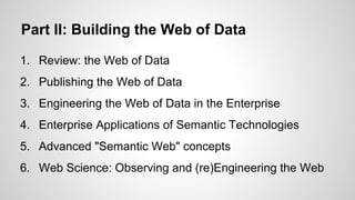 Part II: Building the Web of Data
1. Review: the Web of Data
2. Publishing the Web of Data
3. Engineering the Web of Data in the Enterprise
4. Enterprise Applications of Semantic Technologies
5. Advanced "Semantic Web" concepts
6. Web Science: Observing and (re)Engineering the Web

 