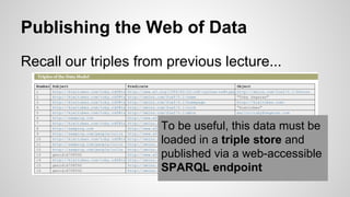 Publishing the Web of Data
Recall our triples from previous lecture...

To be useful, this data must be
loaded in a triple store and
published via a web-accessible
SPARQL endpoint

 