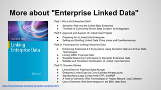 More about "Enterprise Linked Data"
Part I: Why Link Enterprise Data?
●
●

Semantic Web and the Linked Data Enterprise
The Role of Community-Driven Data Curation for Enterprises

Part II: Approval and Support of Linked Data Projects
●
●

Preparing for a Linked Data Enterprise
Selling and Building Linked Data: Drive Value and Gain Momentum

Part III: Techniques for Linking Enterprise Data
●
●
●
●

Enhancing Enterprise 2.0 Ecosystems Using Semantic Web and Linked Data
Technologies
Linking XBRL Financial Data
Scalable Reasoning Techniques for Semantic Enterprise Data
Reliable and Persistent Identification of Linked Data Elements

Part IV: Success Stories
●
●
●
●
●
http://3roundstones.com/led_book/led-contents.html

Linked Data for Fighting Global Hunger
Enterprise Linked Data as Core Business Infrastructure
Standardizing Legal Content with OWL and RDF
A Role for Semantic Web Technologies in Patient Record Data Collection
Use of Semantic Web technologies on the BBC Web Sites

 