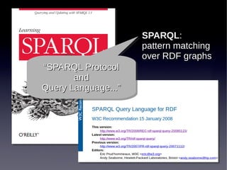 SPARQL:
pattern matching
over RDF graphs
““SPARQL Protocol
SPARQL Protocol
and
and
Query Language...”
Query Language...”

 