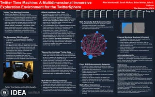 Twitter Time Machine Overview
● Twitter Time Machine (TTM) is an immersive
environment for discursive analysis of social media crisis
response through multidimensional, interactive analysis.
● Utilizing curated #BlackLivesMatter (BLM) Twitter data
and motivated by previous work that identified and
examined interactions between sub-communities in the
BLM twittersphere, the Twitter Time Machine integrates
network analysis, visualization, multi-channel Twitter
stream presentation and content study to create a
dashboard to help researchers identify and understand
the influence of marginalized counterpublics during
event-triggered networked public discourse and debate.
Twitter Time Machine: A Multidimensional Immersive
Exploration Environment for the TwitterSphere
The Rensselaer IDEA Campfire
● TTM runs on the Rensselaer IDEA Campfire, a
multi-user, collaborative, immersive computing
interface [3].
● Campfire is a desk-height, 10-foot panoramic screen
(the Wall) and floor projection (Floor) that users gather
around and look into, maintaining contact with one
another with no artificial or virtual barriers between
themselves as they observe and engage with
presentations and applications.
● Two large monitors adjacent to the Campfire
complement the integrated Wall and Floor
visualizations with appropriate content, enabling
investigators to be fully immersed in their exploratory
tasks.
Acknowledgements
Thanks to Dr. Brooke Foucault Welles, Northeastern
University; Dr. Eric Ameres, Rensselaer Polytechnic Institute;
and Dr. James Hendler, Rensselaer Polytechnic Institute and
Director of the Rensselaer IDEA
Wall: Tweets By BLM Subcommunities
● BLM twitter search results are displayed in twelve
columns around the wall of the campfire
● Tweet text is colored to specify what was searched for
and what can be searched for
#BlackLivesMatter Use Case
● We applied this environment to analysis of the
#BlackLivesMatter Twitter stream, replicating the
detailed sub-community identification performed in
"Beyond the hashtags: #Ferguson, #Blacklivesmatter,
and the online struggle for offline justice" [8], which
examines the Black Lives Matter movement's use of
online media in 2014 and 2015.
● TTM is implemented on the R analytics platform [9] using
"Multi-Window Shiny" [10], an RPI-developed coding
pattern that enables multi-window, synchronized
visualizations from a single R Shiny app [6].
● For Beyond The Hashtags (BTH) analysis we depict
columns of synchronized Twitter streams of BLM network
sub-communities on the Wall similar to TweetDeck [5];
network relationships between those communities on
the Floor; interactive time-series visualizations of
Twitter activities and other statistics during selected time
periods on one large external monitor; and detailed views
of referenced content (web pages, videos, etc) on
another large external monitor.
Wall & Floor Interactions
● Wall interactions communicate with Shiny though
JavaScript in Shiny script tags
● Floor interactions are handled through the visNetwork
package, with specific defined events handing off data
to shiny
External Monitors: Analysis & Content
● Any ggplot2 plot that uses the search results can be
displayed on the external monitors
● When nothing is selected on the Floor or Wall the
number of tweets from each query are displayed, along
with the tweet sources
● When a selection is made the most prominent users and
hashtags are displayed
● This information can be used to choose additional
search queries
References
[1] Beyond the Hashtags Twitter data. http://bit.ly/bth_twitter
[2] BlackLivesMatter Tweets 2016. http://bit.ly/blm_twitter_2016
[3] The Campfire: A novel multi-user, collaborative, immersive computing
interface. http://bit.ly/empac_campfire
[4] Elasticsearch: The Heart of the Elastic Stack. http://bit.ly/ttm_elastic
[5] TweetDeck. https://tweetdeck.twitter.com/
[6] Winston Chang, Joe Cheng, JJ Allaire, Yihui Xie, and Jonathan
McPherson. shiny: Web Application Framework for R.
http://bit.ly/cran_shiny (R package version 1.1.0.)
[7] Alex Ioannides. elasticsearchr: A Lightweight Interface for Interacting
with Elasticsearch from R. http://bit.ly/cran_elasticsearchr (R package
version 0.2.3.)
[8] Charlton Mcilwain. Beyond the Hashtags: Ferguson, Blacklivesmatter,
and the Online Struggle for Offline Justice. New York University (01 2016).
https://doi.org/10.2139/ssrn.2747066
[9] R Core Team. R: A Language and Environment for Statistical
Computing. R Foundation for Statistical Computing, Vienna, Austria.
http://www.R-project.org/
[10] Hannah De los Santos, John Erickson and Kristin Bennett (2019).
mwshiny: 'Shiny' for Multiple Windows. R package version 1.0.0.
https://CRAN.R-project.org/package=mwshiny
Alex Mankowski, Sarah McRae, Brian Maher, John S.
Erickson
The Rensselaer IDEA
Rensselaer Polytechnic Institute, Troy, NY
"Beyond the Hashtags" Twitter Data
● Twitter Time Machine utilizes a corpus of over 250GB of
Twitter data based on curated lists of Tweet IDs identified
by the BTH research for the years 2014-2015 [1] and from
Internet Archive curation (2016-2017) [2].
● In-depth exploration is provided for nine time periods
(2014-2015) identified by the BTH research and
additional periods in 2016 based on events the BLM
movement was known to have responded to.
● The "re-hydrated" Twitter data was stored in a private
Elasticsearch document database [elasticsearch] instance
hosted on the IDEA compute cluster; queries into the
Elasticsearch-hosted corpus originated directly from the R
environment using the elasticsearchr R package
Floor: BLM Subcommunity Networks
● A network of query nodes are connected by edges
● Each node represents the tweets of a set of users from
an identified BLM subcommunity
● Edges represent tweets sharing hashtags, mentions or
content mentions (URLs)
● Nodes and edges are scaled by the amount of tweets
returned for each
● Nodes can be double clicked to be deleted, and
selected to display external monitor information
● Nodes can be moved on the floor, and the movement is
reflected on the wall
Multi-Window Shiny (mwshiny)
● mwshiny is an implementation of R Shiny enabling
R-based web apps with multiple synched monitors
● With mwshiny multiple windows react to create interactive
experiences that cannot be produced with standard Shiny
● For TTM we use five windows: the Campfire Floor,
Campfire wall, Controller, and two External Monitors
Twitter Time Machine on the IDEA Campfire
 
