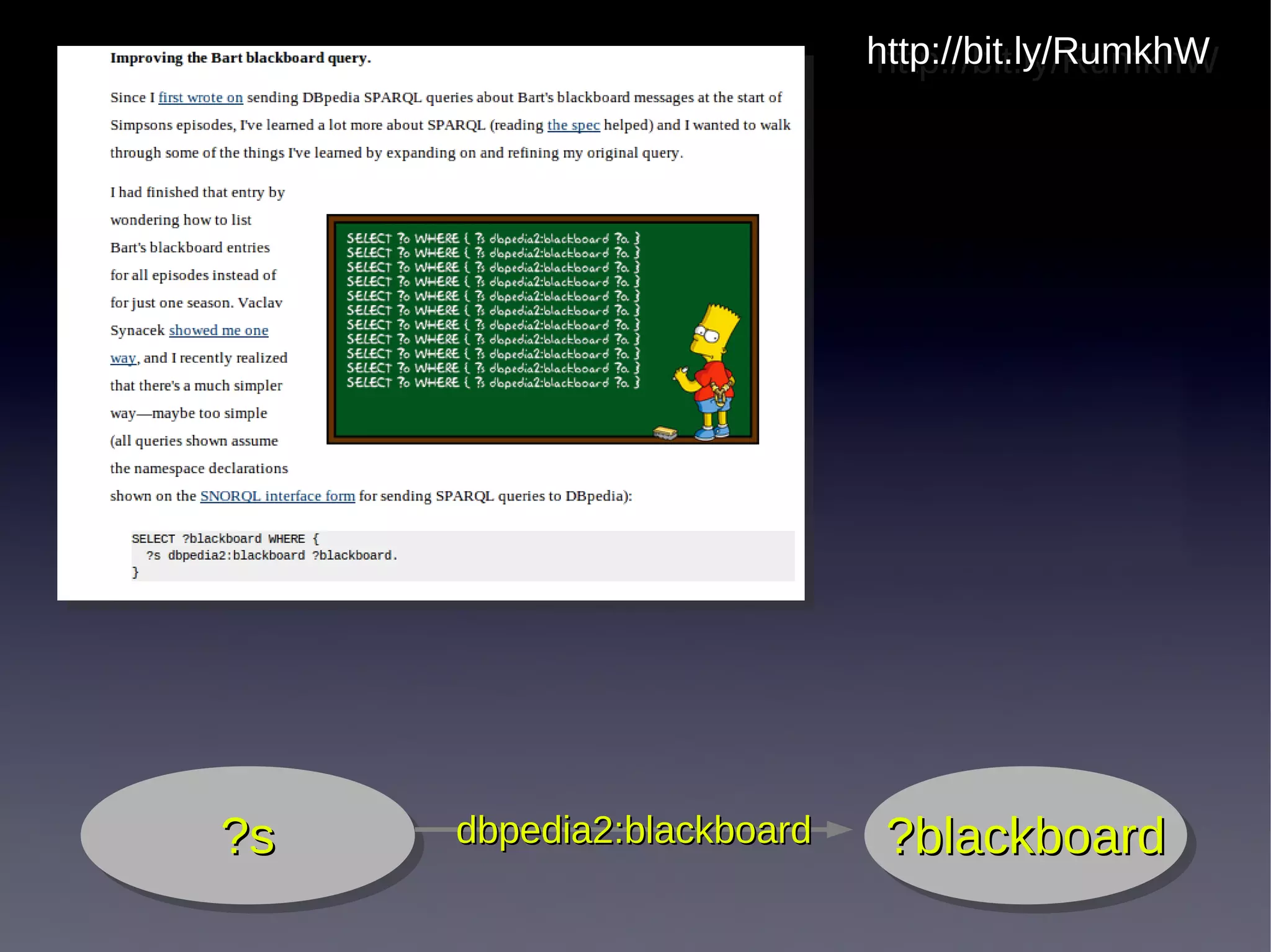 http://bit.ly/RumkhW
                           http://bit.ly/RumkhW




?s
?s   dbpedia2:blackboard    ?blackboard
                            ?blackboard
 