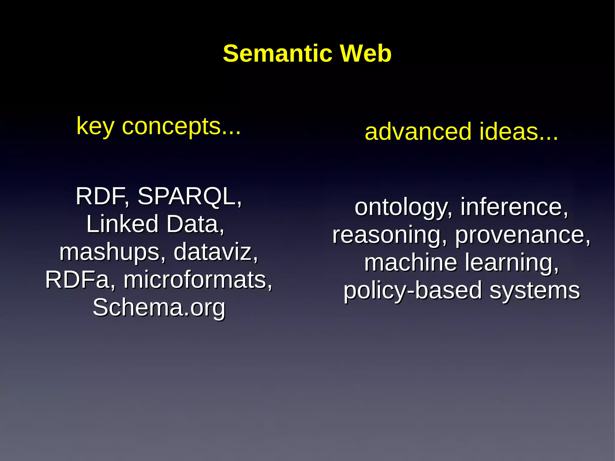 Semantic Web

  key concepts...        advanced ideas...

  RDF, SPARQL,          ontology, inference,
   Linked Data,       reasoning, provenance,
 mashups, dataviz,       machine learning,
RDFa, microformats,    policy-based systems
   Schema.org
 