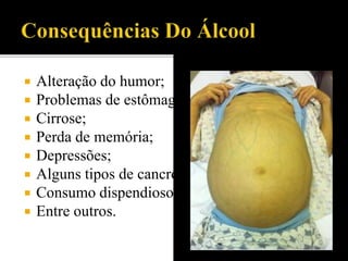 Alteração do humor;
 Problemas de estômago;
 Cirrose;
 Perda de memória;
 Depressões;
 Alguns tipos de cancro;
 Consumo dispendioso;
 Entre outros.
 