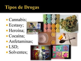  Cannabis;
 Ecstasy;
 Heroína;
 Cocaína;
 Anfetaminas;
 LSD;
 Solventes;
 