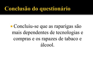  Concluiu-se que as raparigas são
mais dependentes de tecnologias e
compras e os rapazes de tabaco e
álcool.
 