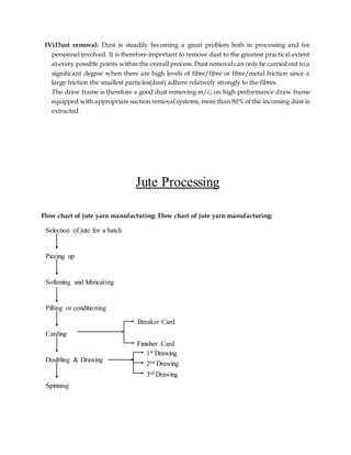 IV)Dust removal: Dust is steadily becoming a great problem both in processing and for
personnel involved. It is therefore important to remove dust to the greatest practical extent
at every possible points within the overall process. Dust removal can only be carried out to a
significant degree when there are high levels of fibre/fibre or fibre/metal friction since a
large friction the smallest particles(dust) adhere relatively strongly to the fibres.
The draw frame is therefore a good dust removing m/c; on high performance draw frame
equipped with appropriate suction removal systems, more than 80% of the incoming dust is
extracted.
Jute Processing
Flow chart of jute yarn manufacturing: Flow chart of jute yarn manufacturing:
Finisher Card
Breaker Card
1st Drawing
2nd Drawing
Selection of jute for a batch
Piecing up
Softening and lubricating
Pilling or conditioning
Carding
Doubling & Drawing
Spinning
3rd Drawing
 