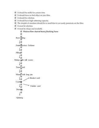  It should be stable for certain time.
 It should have no bed effect on jute fibre.
 It should be colorless.
 It should have high softening capacity.
 The droplet of emulsion should be so small that it can easily penetrate on the fibre.
 It must be odorless.
 It must be cheap and available.
 Process flow chartof heavy /Sacking Yarn:























Root cutting
Emulsification /Softener
Pilling
Mixing with mill wastes
Teaser card
Mixing with long jute
Carding
Spinning
Drawing
Breaker card
Finisher card
 