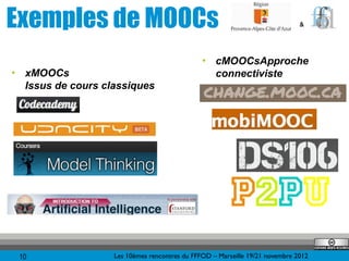 Exemples de MOOCs                                                                &




                                                  ■
                                                      cMOOCsApproche
■
     xMOOCs                                           connectiviste
     Issus de cours classiques




    10                Les 10èmes rencontres du FFFOD – Marseille 19/21 novembre 2012
 