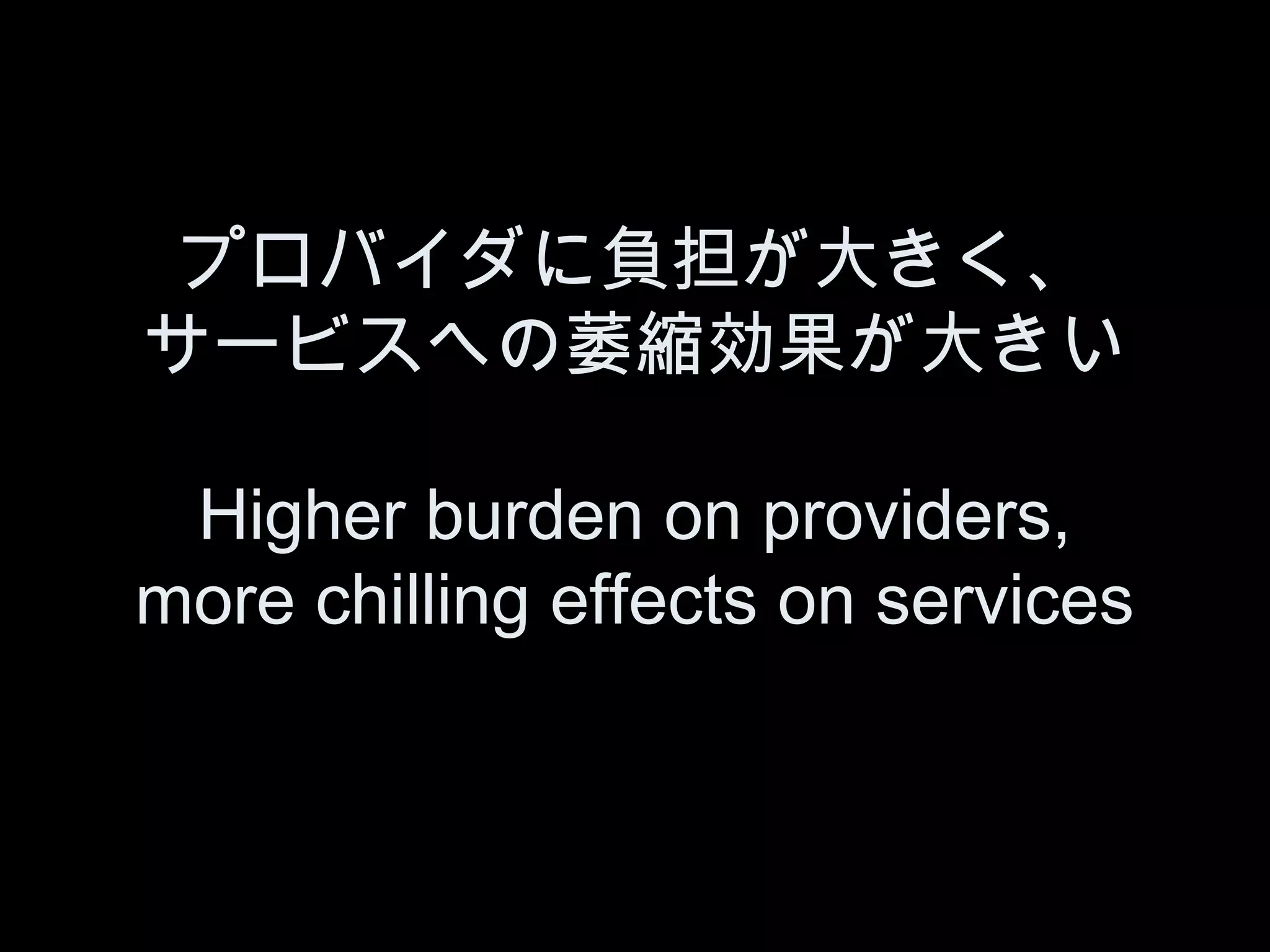 プロバイダに負担が大きく、
サービスへの萎縮効果が大きい

 Higher burden on providers,
more chilling effects on services
 