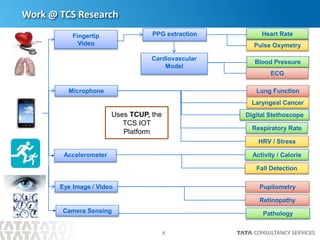 8
Fall Detection
PPG extraction
Eye Image / Video
Cardiovascular
Model
Pulse Oxymetry
Pupilometry
Fingertip
Video
Lung Function
Blood Pressure
Microphone
Accelerometer
Digital Stethoscope
Heart Rate
Work @ TCS Research
Activity / Calorie
ECG
Respiratory Rate
HRV / Stress
Retinopathy
Pathology
Laryngeal Cancer
Camera Sensing
Uses TCUP, the
TCS IOT
Platform
 