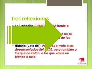 Tres reflexiones
 Refundación:   DEMOCRACIA frente a
  MERCADOS.
 15M: Votos rebeldes, de quienes no se
  conforman con ser mercancía de los
  mercados.
 Historia (voto útil): Pedimos el voto a los
  desencantados del PSOE, pero también a
  los que no votan, a los que votan en
  blanco o nulo.
 