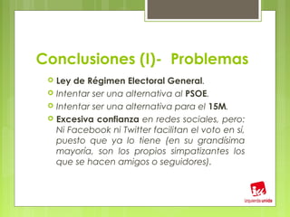 Conclusiones (I)- Problemas
    Ley de Régimen Electoral General.
    Intentar ser una alternativa al PSOE.
    Intentar ser una alternativa para el 15M.
    Excesiva confianza en redes sociales, pero:
     Ni Facebook ni Twitter facilitan el voto en sí,
     puesto que ya lo tiene (en su grandísima
     mayoría, son los propios simpatizantes los
     que se hacen amigos o seguidores).
 