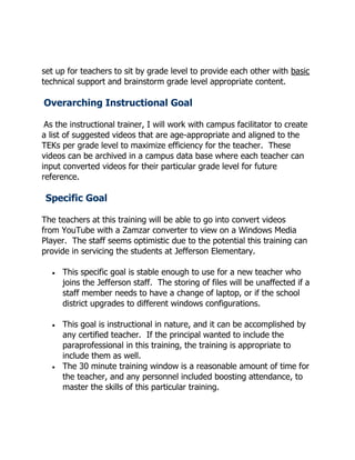 set up for teachers to sit by grade level to provide each other with basic
technical support and brainstorm grade level appropriate content.

Overarching Instructional Goal

 As the instructional trainer, I will work with campus facilitator to create
a list of suggested videos that are age-appropriate and aligned to the
TEKs per grade level to maximize efficiency for the teacher. These
videos can be archived in a campus data base where each teacher can
input converted videos for their particular grade level for future
reference.

 Specific Goal

The teachers at this training will be able to go into convert videos
from YouTube with a Zamzar converter to view on a Windows Media
Player. The staff seems optimistic due to the potential this training can
provide in servicing the students at Jefferson Elementary.

     This specific goal is stable enough to use for a new teacher who
     joins the Jefferson staff. The storing of files will be unaffected if a
     staff member needs to have a change of laptop, or if the school
     district upgrades to different windows configurations.

     This goal is instructional in nature, and it can be accomplished by
     any certified teacher. If the principal wanted to include the
     paraprofessional in this training, the training is appropriate to
     include them as well.
     The 30 minute training window is a reasonable amount of time for
     the teacher, and any personnel included boosting attendance, to
     master the skills of this particular training.
 