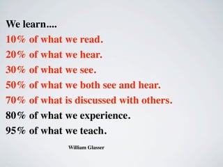 We learn....
10% of what we read.
20% of what we hear.
30% of what we see.
50% of what we both see and hear.
70% of what is discussed with others.
80% of what we experience.
95% of what we teach.
                        William Glasser
 