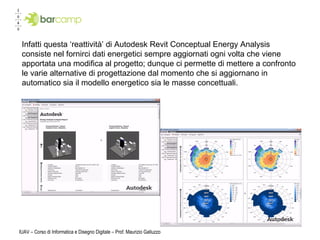 IUAV – Corso di Informatica e Disegno Digitale – Prof. Maurizio Galluzzo Infatti questa ‘reattività’ di Autodesk Revit Conceptual Energy Analysis consiste nel fornirci dati energetici sempre aggiornati ogni  volta che  viene apportata una modifica al progetto; dunque ci permette di mettere a confronto le varie alternative di progettazione dal momento che si aggiornano in automatico sia il modello energetico sia le masse concettuali.  