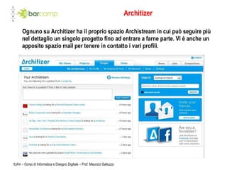 Architizer Ognuno su Architizer ha il proprio spazio Archistream in cui può seguire più nel dettaglio un singolo progetto fino ad entrare a farne parte. Vi è anche un apposito spazio mail per tenere in contatto i vari profili. IUAV – Corso di Informatica e Disegno Digitale – Prof. Maurizio Galluzzo 