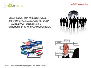 ORMAI IL LIBERO PROFESSIONISTA SI AFFERMA GRAZIE AL SOCIAL NETWORK TRAMITE SPAZI PUBBLICITARI E STRUMENTI DI INFORMAZIONE PUBBLICA. IUAV – Corso di Informatica e Disegno Digitale – Prof. Maurizio Galluzzo InArCommunity 