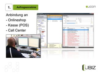 1.   Auftragsannahme


Anbindung an
- Onlineshop
- Kasse (POS)
- Call Center
 