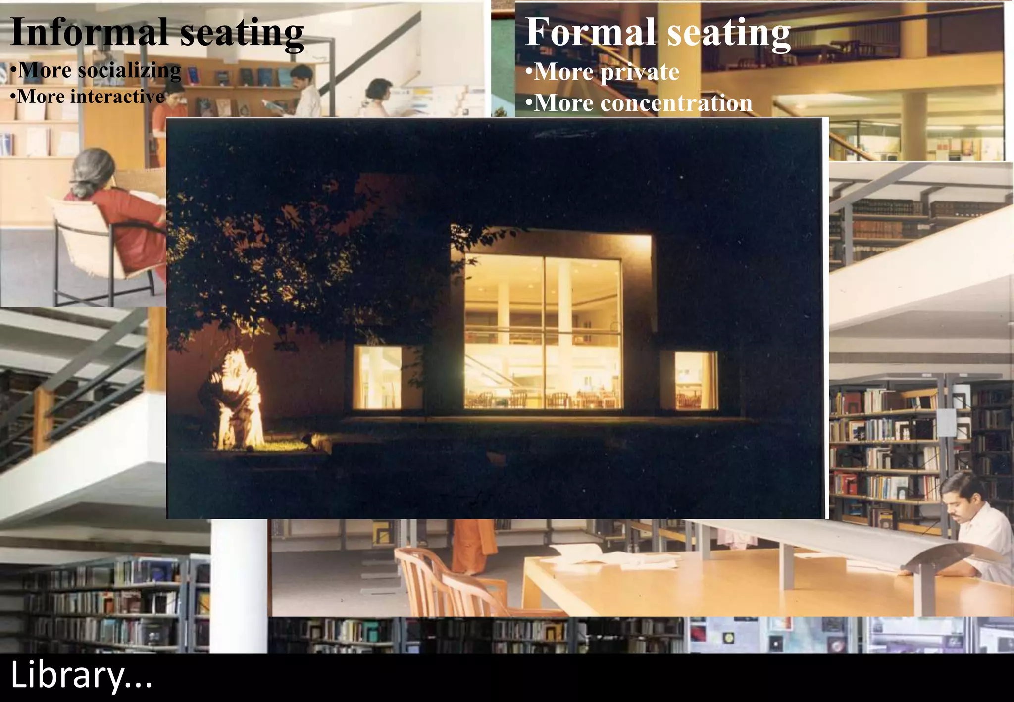 Library...
Informal seating
•More socializing
•More interactive
Formal seating
•More private
•More concentration
 