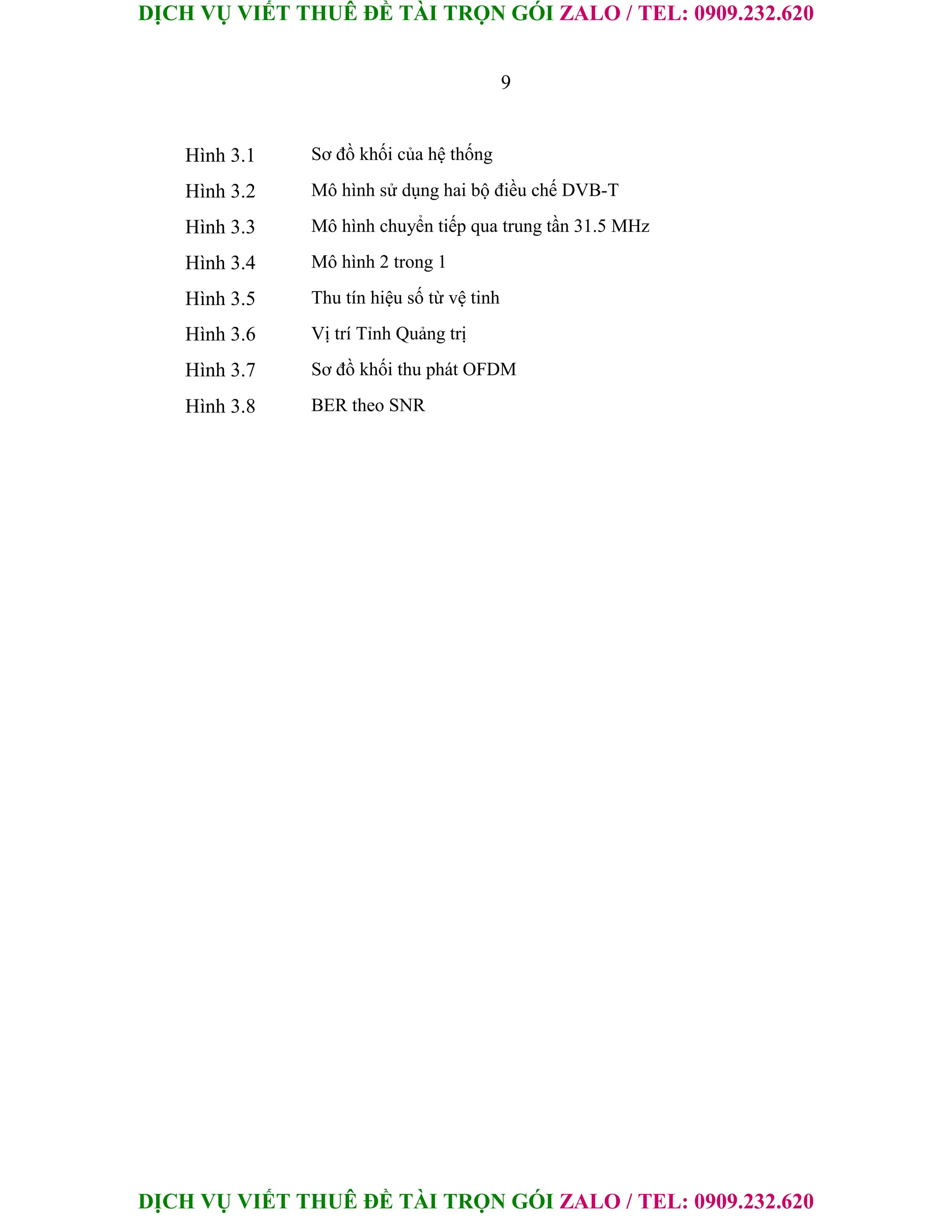 DỊCH VỤ VIẾT THUÊ ĐỀ TÀI TRỌN GÓI ZALO / TEL: 0909.232.620
DỊCH VỤ VIẾT THUÊ ĐỀ TÀI TRỌN GÓI ZALO / TEL: 0909.232.620
9
Hình 3.1
Hình 3.2
Hình 3.3
Hình 3.4
Hình 3.5
Hình 3.6
Hình 3.7
Hình 3.8
Sơ đồ khối của hệ thống
Mô hình sử dụng hai bộ điều chế DVB-T
Mô hình chuyển tiếp qua trung tần 31.5 MHz
Mô hình 2 trong 1
Thu tín hiệu số từ vệ tinh
Vị trí Tỉnh Quảng trị
Sơ đồ khối thu phát OFDM
BER theo SNR
 