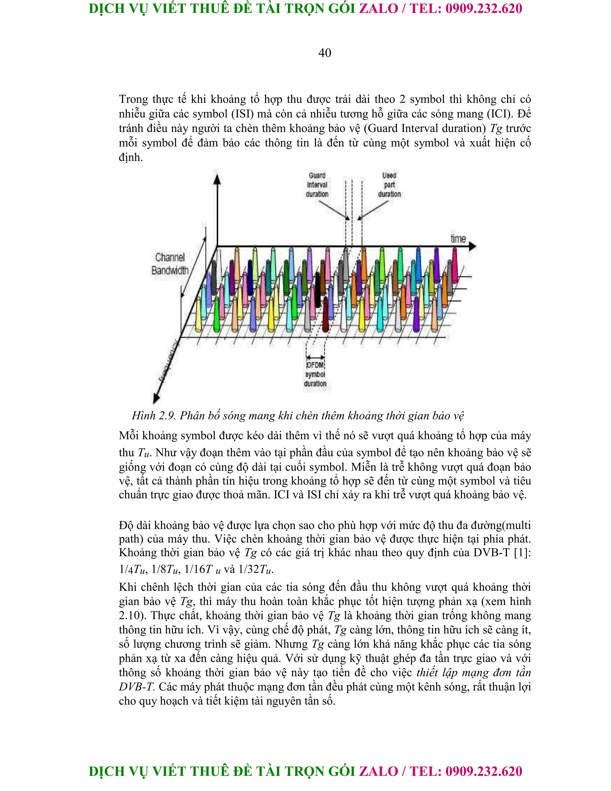 DỊCH VỤ VIẾT THUÊ ĐỀ TÀI TRỌN GÓI ZALO / TEL: 0909.232.620
DỊCH VỤ VIẾT THUÊ ĐỀ TÀI TRỌN GÓI ZALO / TEL: 0909.232.620
40
Trong thực tế khi khoảng tổ hợp thu được trải dài theo 2 symbol thì không chỉ có
nhiễu giữa các symbol (ISI) mà còn cả nhiễu tương hỗ giữa các sóng mang (ICI). Để
tránh điều này người ta chèn thêm khoảng bảo vệ (Guard Interval duration) Tg trước
mỗi symbol để đảm bảo các thông tin là đến từ cùng một symbol và xuất hiện cố
định.
Hình 2.9. Phân bố sóng mang khi chèn thêm khoảng thời gian bảo vệ
Mỗi khoảng symbol được kéo dài thêm vì thế nó sẽ vượt quá khoảng tổ hợp của máy
thu Tu. Như vậy đoạn thêm vào tại phần đầu của symbol để tạo nên khoảng bảo vệ sẽ
giống với đoạn có cùng độ dài tại cuối symbol. Miễn là trễ không vượt quá đoạn bảo
vệ, tất cả thành phần tín hiệu trong khoảng tổ hợp sẽ đến từ cùng một symbol và tiêu
chuẩn trực giao được thoả mãn. ICI và ISI chỉ xảy ra khi trễ vượt quá khoảng bảo vệ.
Độ dài khoảng bảo vệ được lựa chọn sao cho phù hợp với mức độ thu đa đường(multi
path) của máy thu. Việc chèn khoảng thời gian bảo vệ được thực hiện tại phía phát.
Khoảng thời gian bảo vệ Tg có các giá trị khác nhau theo quy định của DVB-T [1]:
1/4Tu, 1/8Tu, 1/16T u và 1/32Tu.
Khi chênh lệch thời gian của các tia sóng đến đầu thu không vượt quá khoảng thời
gian bảo vệ Tg, thì máy thu hoàn toàn khắc phục tốt hiện tượng phản xạ (xem hình
2.10). Thực chất, khoảng thời gian bảo vệ Tg là khoảng thời gian trống không mang
thông tin hữu ích. Vì vậy, cùng chế độ phát, Tg càng lớn, thông tin hữu ích sẽ càng ít,
số lượng chương trình sẽ giảm. Nhưng Tg càng lớn khả năng khắc phục các tia sóng
phản xạ từ xa đến càng hiệu quả. Với sử dụng kỹ thuật ghép đa tần trực giao và với
thông số khoảng thời gian bảo vệ này tạo tiền đề cho việc thiết lập mạng đơn tần
DVB-T. Các máy phát thuộc mạng đơn tần đều phát cùng một kênh sóng, rất thuận lợi
cho quy hoạch và tiết kiệm tài nguyên tần số.
 