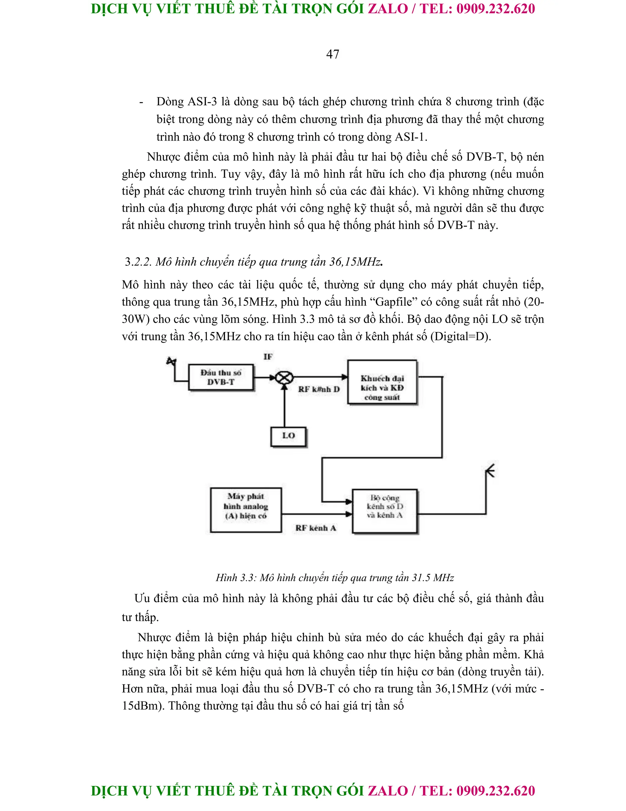 DỊCH VỤ VIẾT THUÊ ĐỀ TÀI TRỌN GÓI ZALO / TEL: 0909.232.620
DỊCH VỤ VIẾT THUÊ ĐỀ TÀI TRỌN GÓI ZALO / TEL: 0909.232.620
47
- Dòng ASI-3 là dòng sau bộ tách ghép chương trình chứa 8 chương trình (đặc
biệt trong dòng này có thêm chương trình địa phương đã thay thế một chương
trình nào đó trong 8 chương trình có trong dòng ASI-1.
Nhược điểm của mô hình này là phải đầu tư hai bộ điều chế số DVB-T, bộ nén
ghép chương trình. Tuy vậy, đây là mô hình rất hữu ích cho địa phương (nếu muốn
tiếp phát các chương trình truyền hình số của các đài khác). Vì không những chương
trình của địa phương được phát với công nghệ kỹ thuật số, mà người dân sẽ thu được
rất nhiều chương trình truyền hình số qua hệ thống phát hình số DVB-T này.
3.2.2. Mô hình chuyển tiếp qua trung tần 36,15MHz.
Mô hình này theo các tài liệu quốc tế, thường sử dụng cho máy phát chuyển tiếp,
thông qua trung tần 36,15MHz, phù hợp cấu hình “Gapfile” có công suất rất nhỏ (20-
30W) cho các vùng lõm sóng. Hình 3.3 mô tả sơ đồ khối. Bộ dao động nội LO sẽ trộn
với trung tần 36,15MHz cho ra tín hiệu cao tần ở kênh phát số (Digital=D).
Hình 3.3: Mô hình chuyển tiếp qua trung tần 31.5 MHz
Ưu điểm của mô hình này là không phải đầu tư các bộ điều chế số, giá thành đầu
tư thấp.
Nhược điểm là biện pháp hiệu chỉnh bù sửa méo do các khuếch đại gây ra phải
thực hiện bằng phần cứng và hiệu quả không cao như thực hiện bằng phần mềm. Khả
năng sửa lỗi bit sẽ kém hiệu quả hơn là chuyển tiếp tín hiệu cơ bản (dòng truyền tải).
Hơn nữa, phải mua loại đầu thu số DVB-T có cho ra trung tần 36,15MHz (với mức -
15dBm). Thông thường tại đầu thu số có hai giá trị tần số
 
