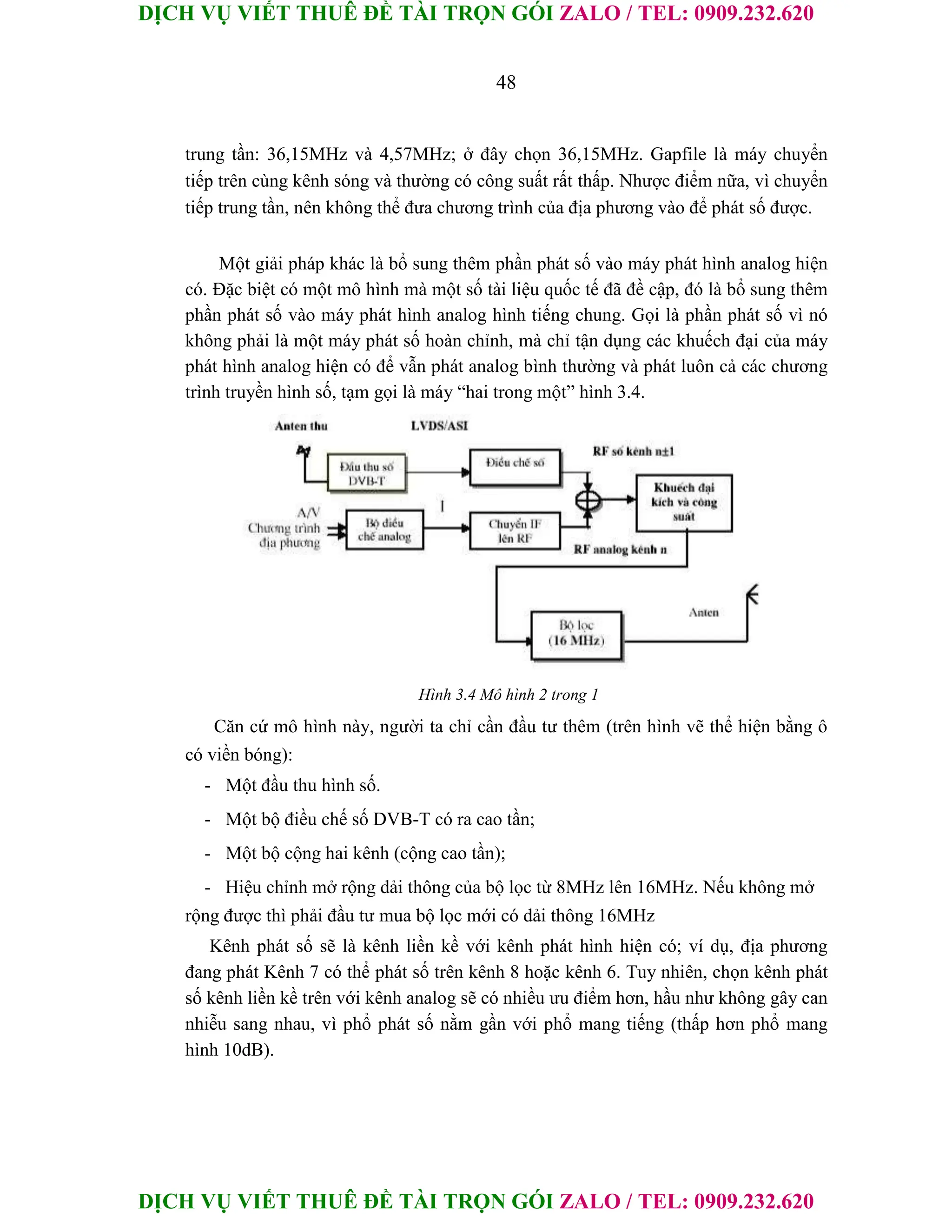 DỊCH VỤ VIẾT THUÊ ĐỀ TÀI TRỌN GÓI ZALO / TEL: 0909.232.620
DỊCH VỤ VIẾT THUÊ ĐỀ TÀI TRỌN GÓI ZALO / TEL: 0909.232.620
48
trung tần: 36,15MHz và 4,57MHz; ở đây chọn 36,15MHz. Gapfile là máy chuyển
tiếp trên cùng kênh sóng và thường có công suất rất thấp. Nhược điểm nữa, vì chuyển
tiếp trung tần, nên không thể đưa chương trình của địa phương vào để phát số được.
Một giải pháp khác là bổ sung thêm phần phát số vào máy phát hình analog hiện
có. Đặc biệt có một mô hình mà một số tài liệu quốc tế đã đề cập, đó là bổ sung thêm
phần phát số vào máy phát hình analog hình tiếng chung. Gọi là phần phát số vì nó
không phải là một máy phát số hoàn chỉnh, mà chỉ tận dụng các khuếch đại của máy
phát hình analog hiện có để vẫn phát analog bình thường và phát luôn cả các chương
trình truyền hình số, tạm gọi là máy “hai trong một” hình 3.4.
Hình 3.4 Mô hình 2 trong 1
Căn cứ mô hình này, người ta chỉ cần đầu tư thêm (trên hình vẽ thể hiện bằng ô
có viền bóng):
- Một đầu thu hình số.
- Một bộ điều chế số DVB-T có ra cao tần;
- Một bộ cộng hai kênh (cộng cao tần);
- Hiệu chỉnh mở rộng dải thông của bộ lọc từ 8MHz lên 16MHz. Nếu không mở
rộng được thì phải đầu tư mua bộ lọc mới có dải thông 16MHz
Kênh phát số sẽ là kênh liền kề với kênh phát hình hiện có; ví dụ, địa phương
đang phát Kênh 7 có thể phát số trên kênh 8 hoặc kênh 6. Tuy nhiên, chọn kênh phát
số kênh liền kề trên với kênh analog sẽ có nhiều ưu điểm hơn, hầu như không gây can
nhiễu sang nhau, vì phổ phát số nằm gần với phổ mang tiếng (thấp hơn phổ mang
hình 10dB).
 