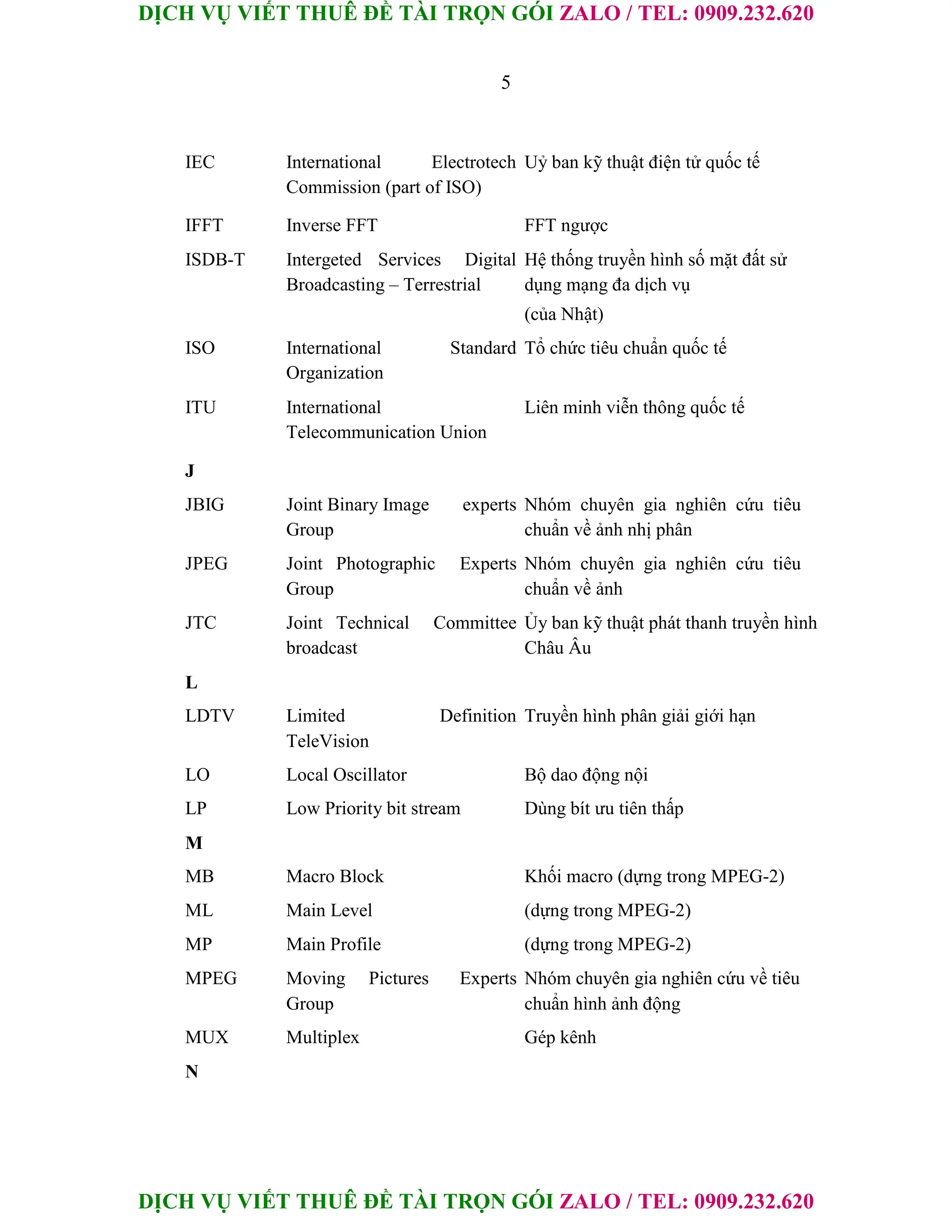 DỊCH VỤ VIẾT THUÊ ĐỀ TÀI TRỌN GÓI ZALO / TEL: 0909.232.620
DỊCH VỤ VIẾT THUÊ ĐỀ TÀI TRỌN GÓI ZALO / TEL: 0909.232.620
5
IEC International Electrotech Uỷ ban kỹ thuật điện tử quốc tế
Commission (part of ISO)
IFFT Inverse FFT FFT ngược
ISDB-T Intergeted Services Digital Hệ thống truyền hình số mặt đất sử
Broadcasting – Terrestrial dụng mạng đa dịch vụ
(của Nhật)
ISO International Standard Tổ chức tiêu chuẩn quốc tế
Organization
ITU International Liên minh viễn thông quốc tế
Telecommunication Union
J
JBIG Joint Binary Image experts Nhóm chuyên gia nghiên cứu tiêu
Group chuẩn về ảnh nhị phân
JPEG Joint Photographic Experts Nhóm chuyên gia nghiên cứu tiêu
Group chuẩn về ảnh
JTC Joint Technical Committee Ủy ban kỹ thuật phát thanh truyền hình
broadcast Châu Âu
L
LDTV Limited Definition Truyền hình phân giải giới hạn
TeleVision
LO Local Oscillator Bộ dao động nội
LP Low Priority bit stream Dùng bít ưu tiên thấp
M
MB Macro Block Khối macro (dựng trong MPEG-2)
ML Main Level (dựng trong MPEG-2)
MP Main Profile (dựng trong MPEG-2)
MPEG Moving Pictures Experts Nhóm chuyên gia nghiên cứu về tiêu
Group chuẩn hình ảnh động
MUX Multiplex Gép kênh
N
 