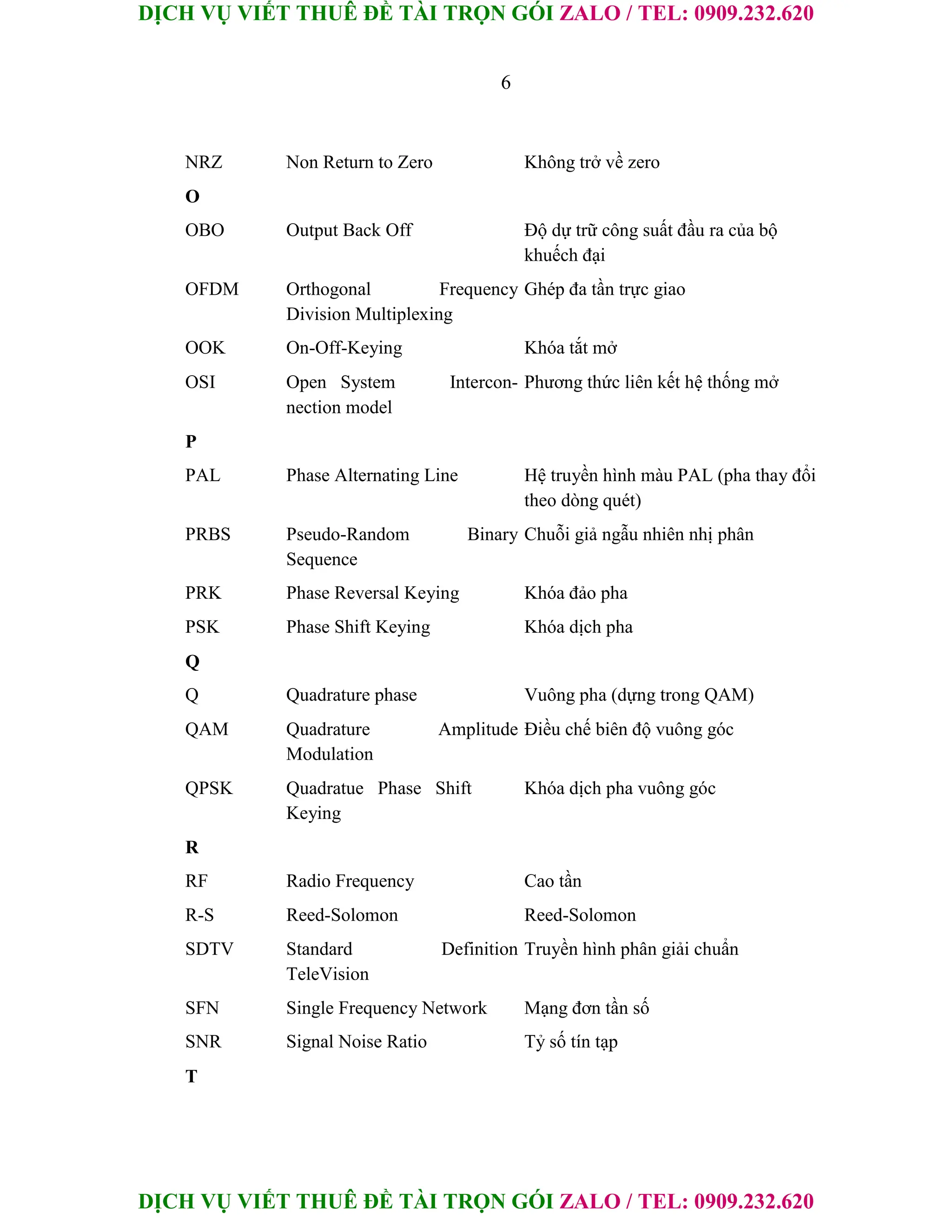 DỊCH VỤ VIẾT THUÊ ĐỀ TÀI TRỌN GÓI ZALO / TEL: 0909.232.620
DỊCH VỤ VIẾT THUÊ ĐỀ TÀI TRỌN GÓI ZALO / TEL: 0909.232.620
6
NRZ Non Return to Zero Không trở về zero
O
OBO Output Back Off Độ dự trữ công suất đầu ra của bộ
khuếch đại
OFDM Orthogonal Frequency Ghép đa tần trực giao
Division Multiplexing
OOK On-Off-Keying Khóa tắt mở
OSI Open System Intercon- Phương thức liên kết hệ thống mở
nection model
P
PAL Phase Alternating Line Hệ truyền hình màu PAL (pha thay đổi
theo dòng quét)
PRBS Pseudo-Random Binary Chuỗi giả ngẫu nhiên nhị phân
Sequence
PRK Phase Reversal Keying Khóa đảo pha
PSK Phase Shift Keying Khóa dịch pha
Q
Q Quadrature phase Vuông pha (dựng trong QAM)
QAM Quadrature Amplitude Điều chế biên độ vuông góc
Modulation
QPSK Quadratue Phase Shift Khóa dịch pha vuông góc
Keying
R
RF Radio Frequency Cao tần
R-S Reed-Solomon Reed-Solomon
SDTV Standard Definition Truyền hình phân giải chuẩn
TeleVision
SFN Single Frequency Network Mạng đơn tần số
SNR Signal Noise Ratio Tỷ số tín tạp
T
 