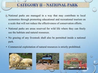 • National parks are managed in a way that may contribute to local
economies through promoting educational and recreational tourism on
a scale that will not reduce the effectiveness of conservation efforts.
• National parks are areas reserved for wild life where they can freely
use the habitats and natural resources.
• No grazing of any livestock shall also be permitted inside a national
park.
• Commercial exploitation of natural resources is strictly prohibited.
 